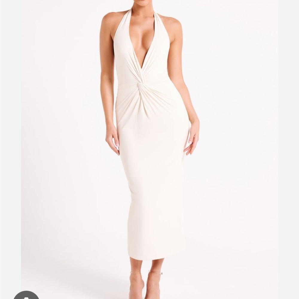 Meshki Osana Recycled Nylon Halter Midi Dress - Sand SMALL NEW WITH TAG